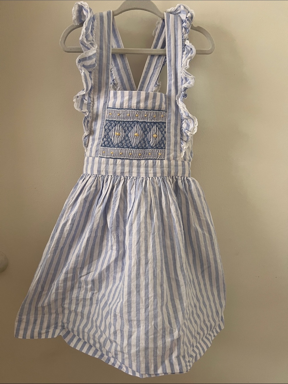 Blue & White Striped Ruffle Pinafore with Smocked dress